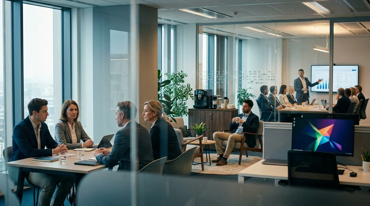 Échanges professionnels et entretien de recrutement dans des bureaux modernes.