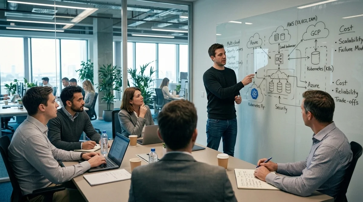 Présentation d’une architecture cloud au tableau devant une équipe technique.