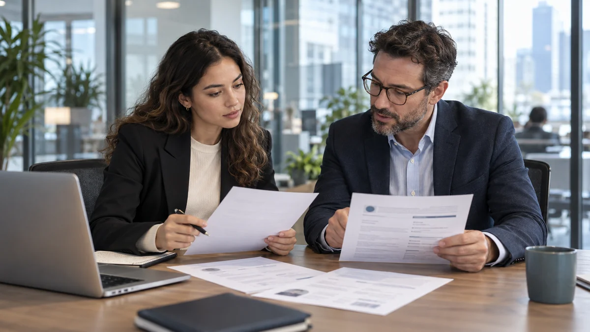 Une candidate et un conseiller relisent des CV et documents de candidature.