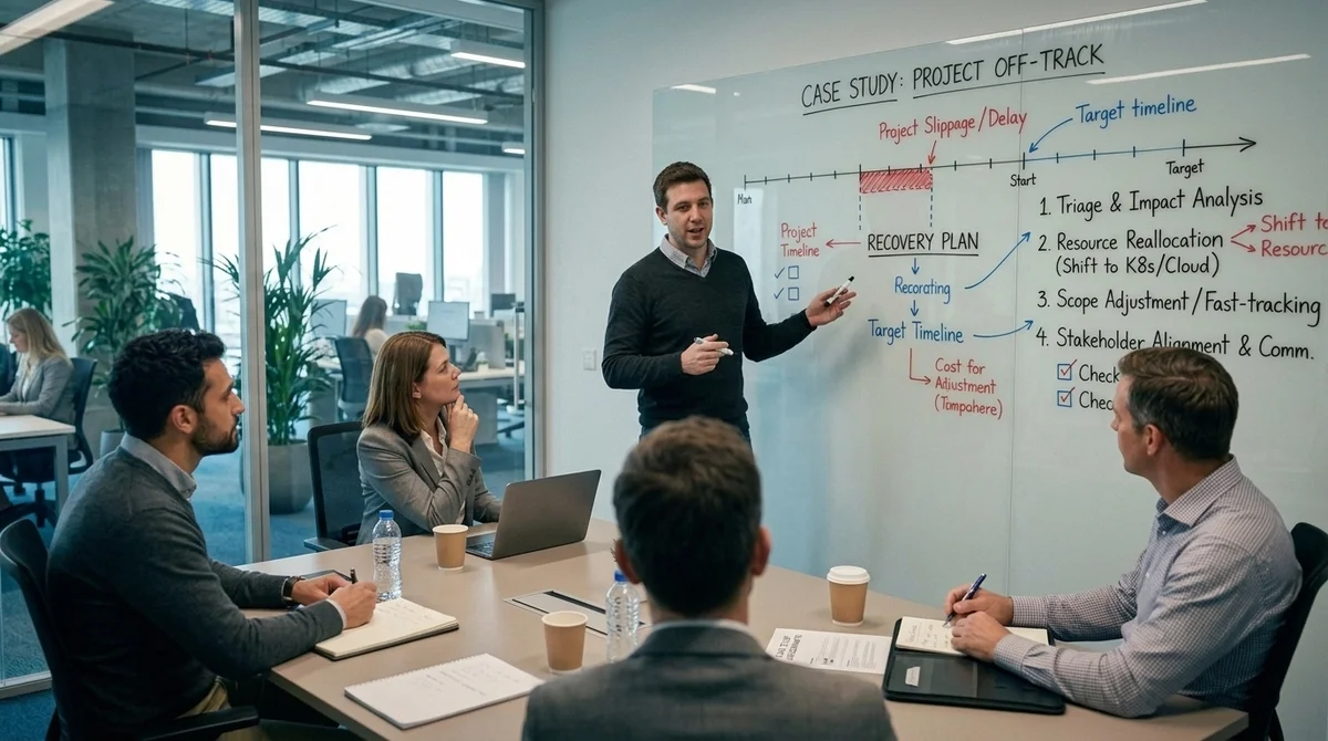 Presentation of a project recovery plan to a team in a meeting.